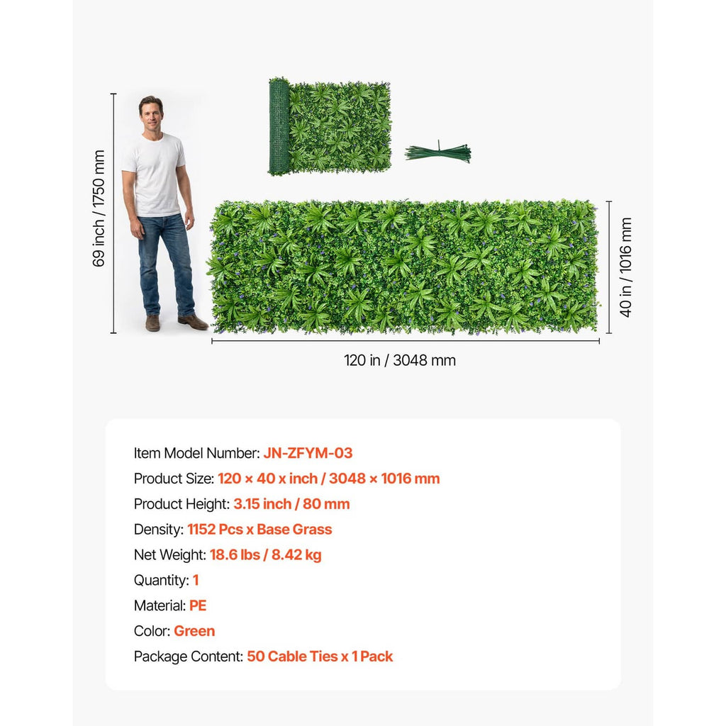 Artificial boxwood greenery wall panel size view with mesh backing and tie bundle.