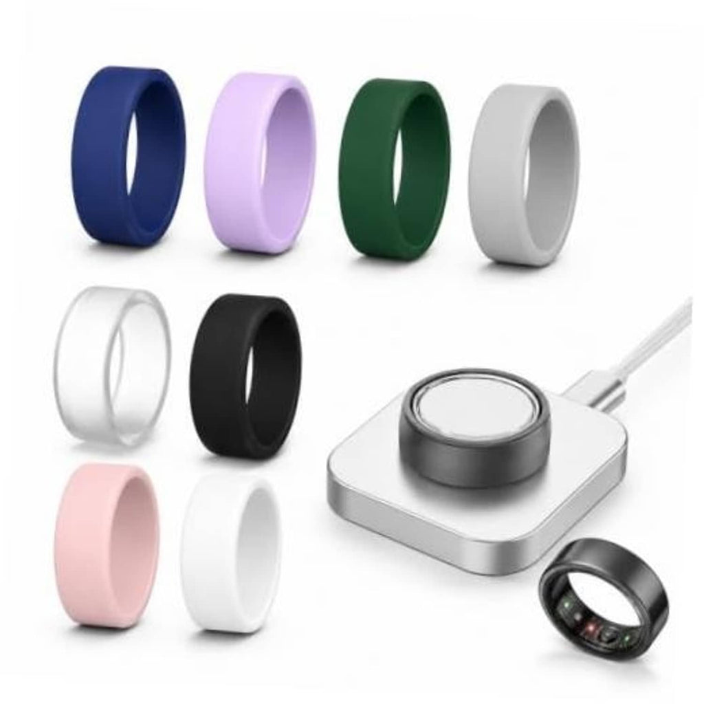 8-pack silicone ring covers in blue, lavender, green, white, pink, and black colors