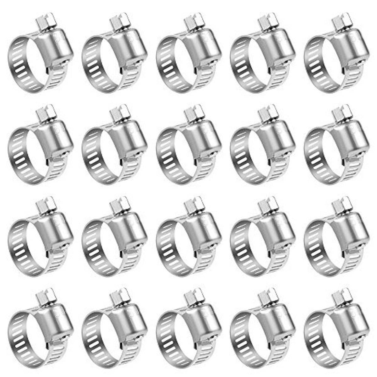 Stainless steel worm-gear hose clamps, 20-pack, adjustable metal band with screw