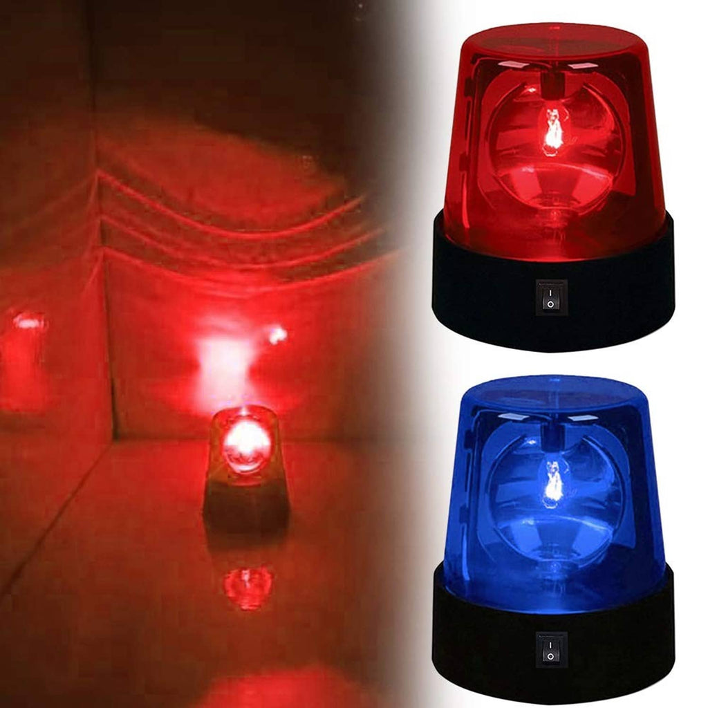 Red and blue LED strobe disco lights shown together, glowing dome and base