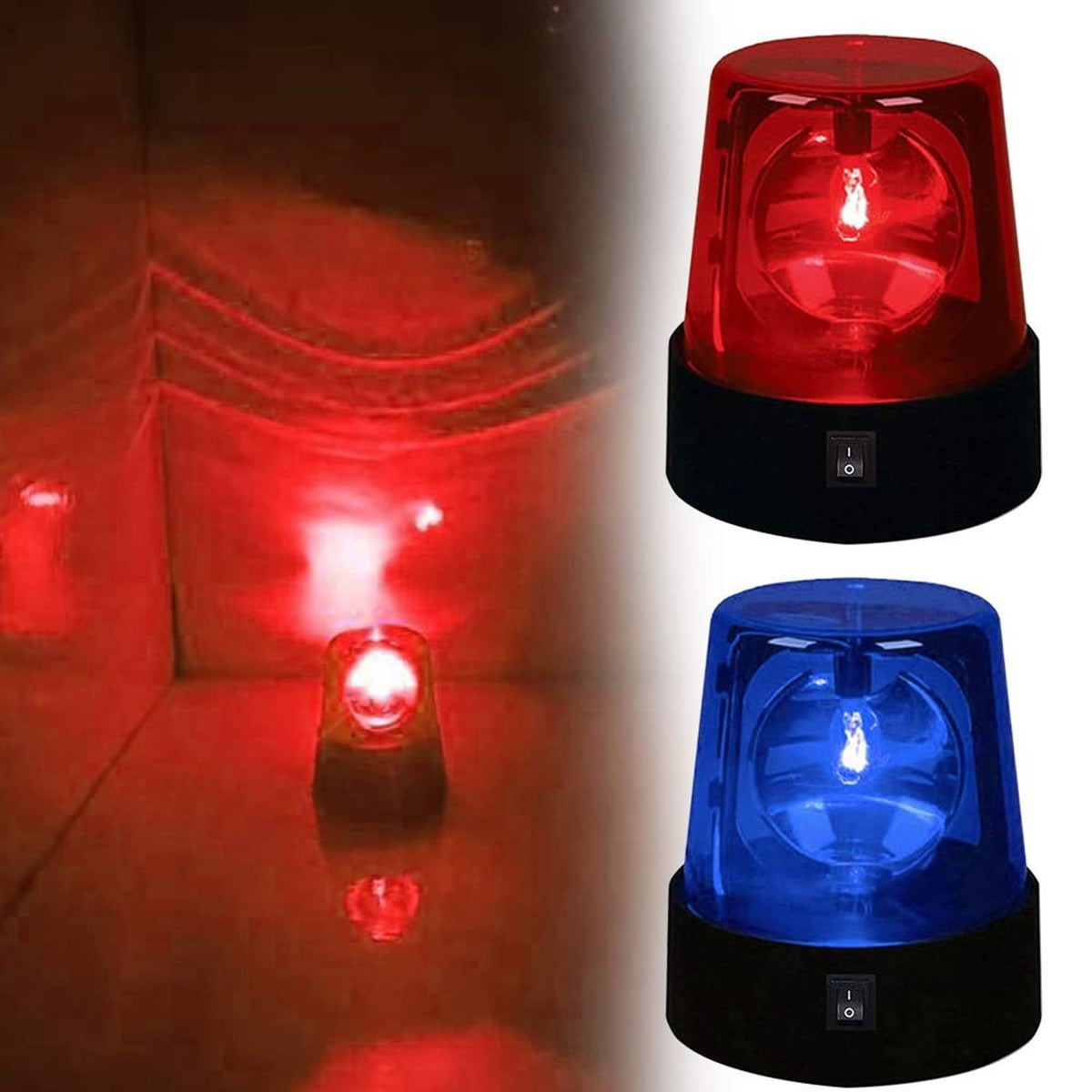 Red and blue LED strobe disco lights shown together, glowing dome and base