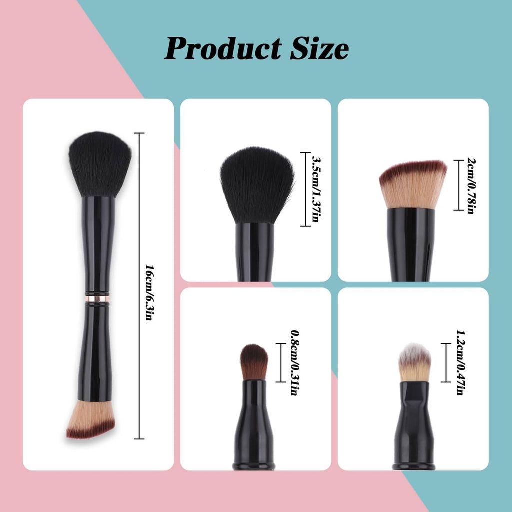 Four black makeup brushes with different heads and size indicators