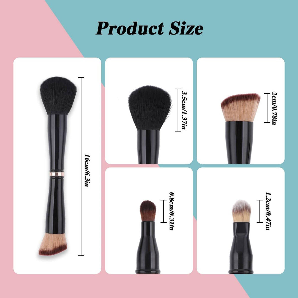 Four black makeup brushes with different heads and size indicators