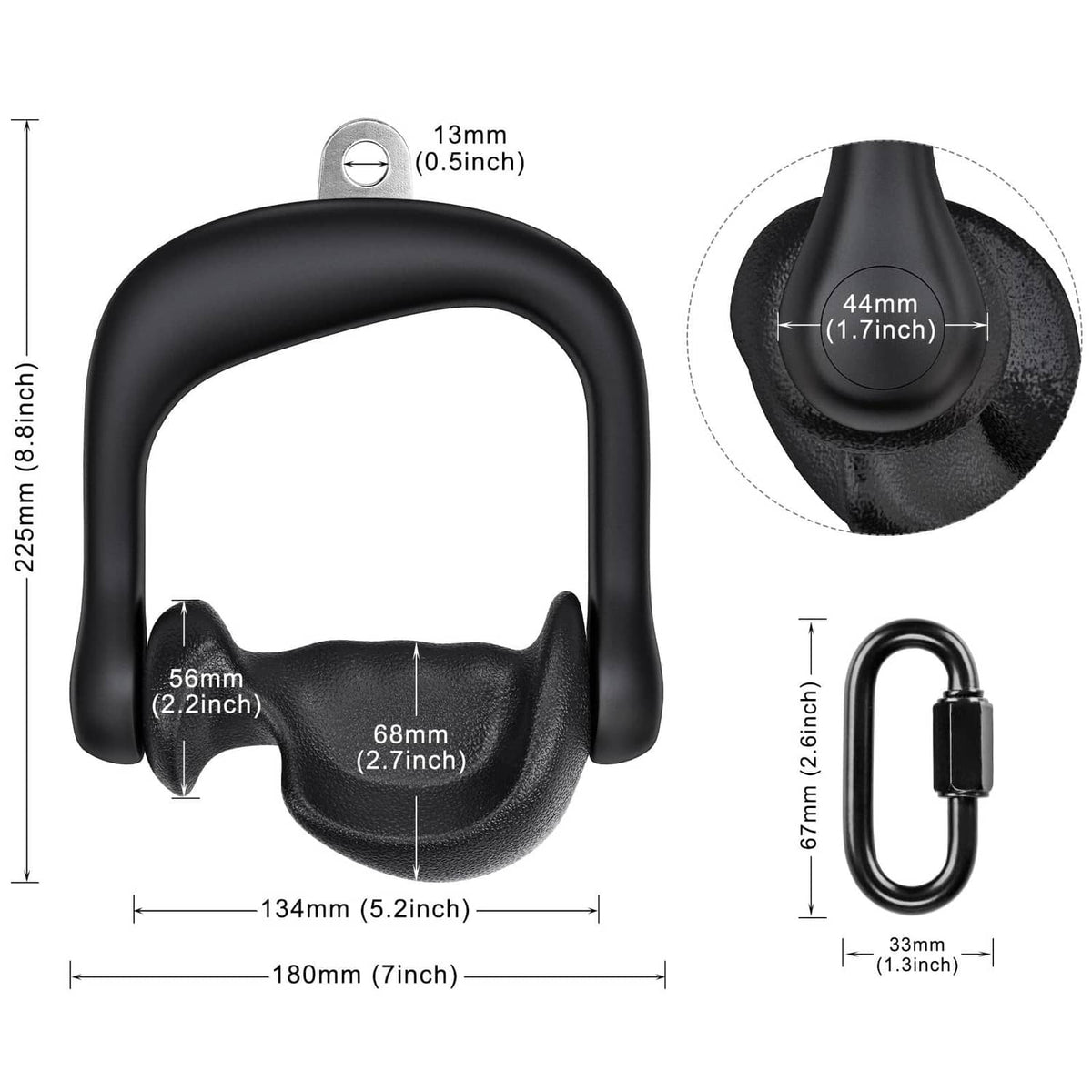 Black D-handle cable grip with size measurements and textured palm pad detail