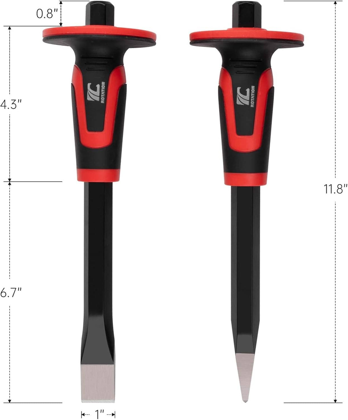 Pair of masonry chisels with red guards, black handles, pointed and flat blades