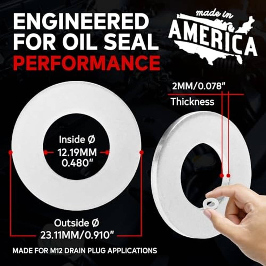 Oil seal washer gasket ring, round metal disc with center opening and labeled thickness