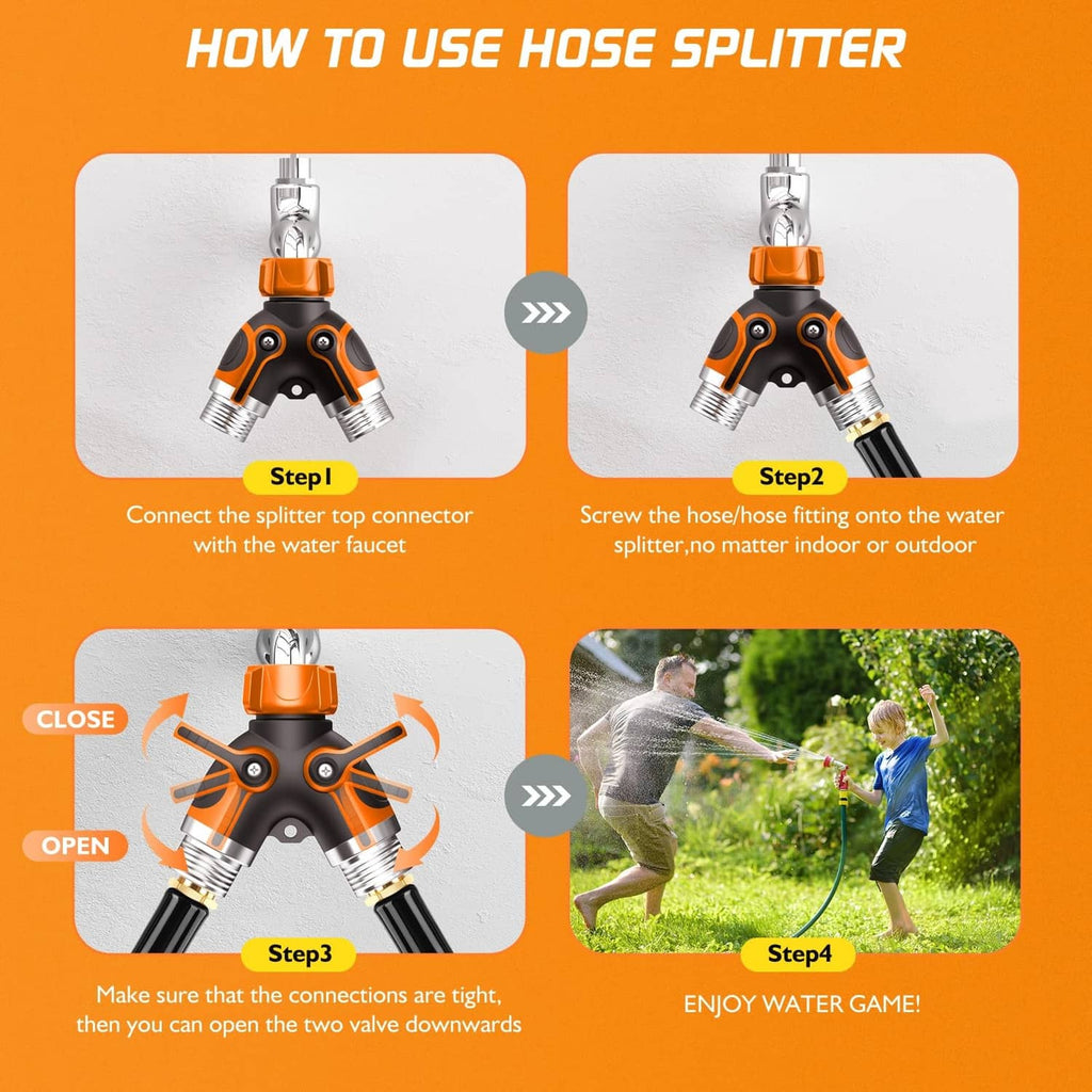 Two-way garden hose splitter showing connect and open/close knob positions