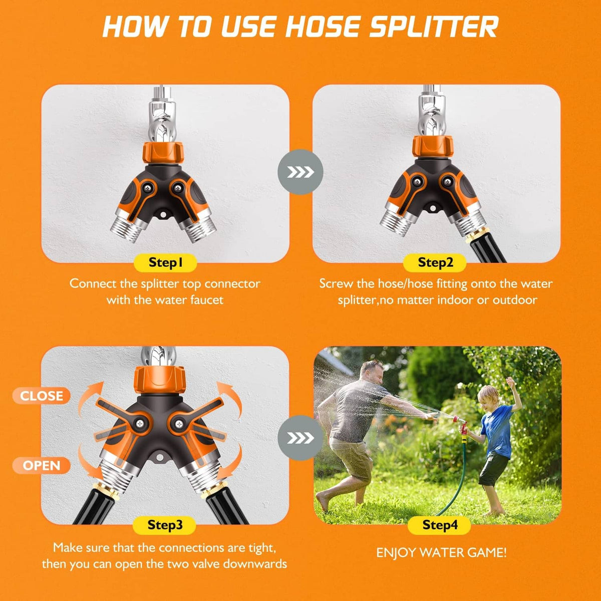 Two-way garden hose splitter showing connect and open/close knob positions