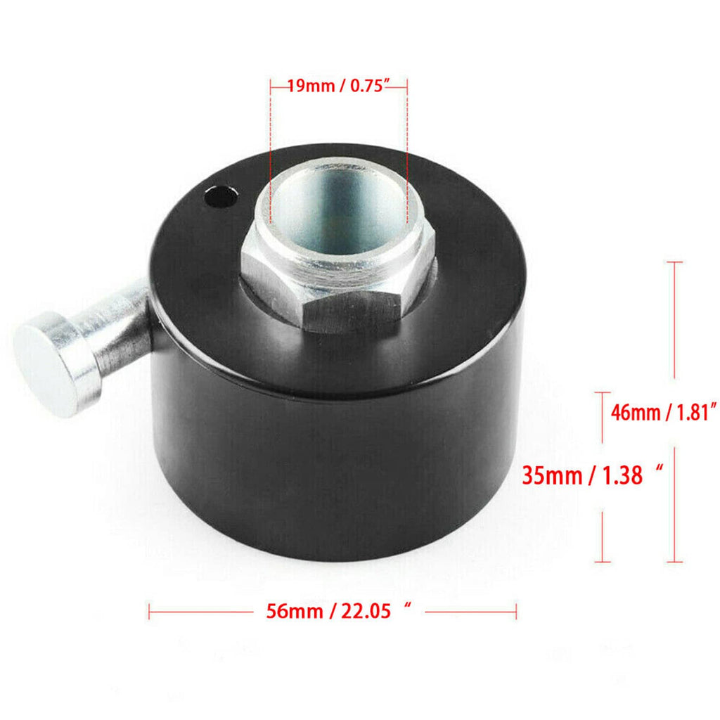 Black quick-release steering hub, 56mm wide, 35mm tall, 46mm height, 19mm bore