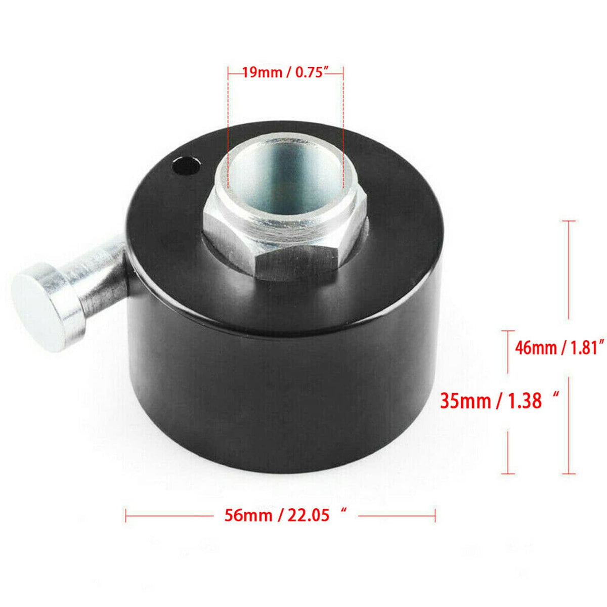 Black quick-release steering hub, 56mm wide, 35mm tall, 46mm height, 19mm bore