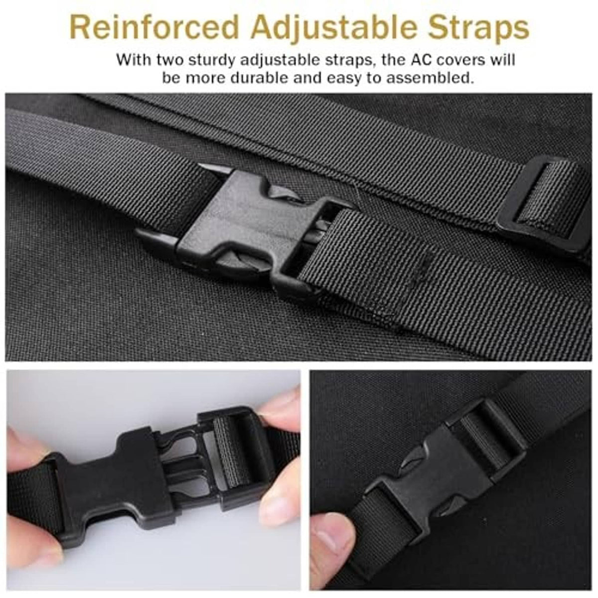 Black fabric AC cover with reinforced adjustable straps and snap/clip buckles detail.