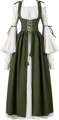 Women’s medieval corset dress, dark green skirt with white peplum panels and ribbon-laced bodice