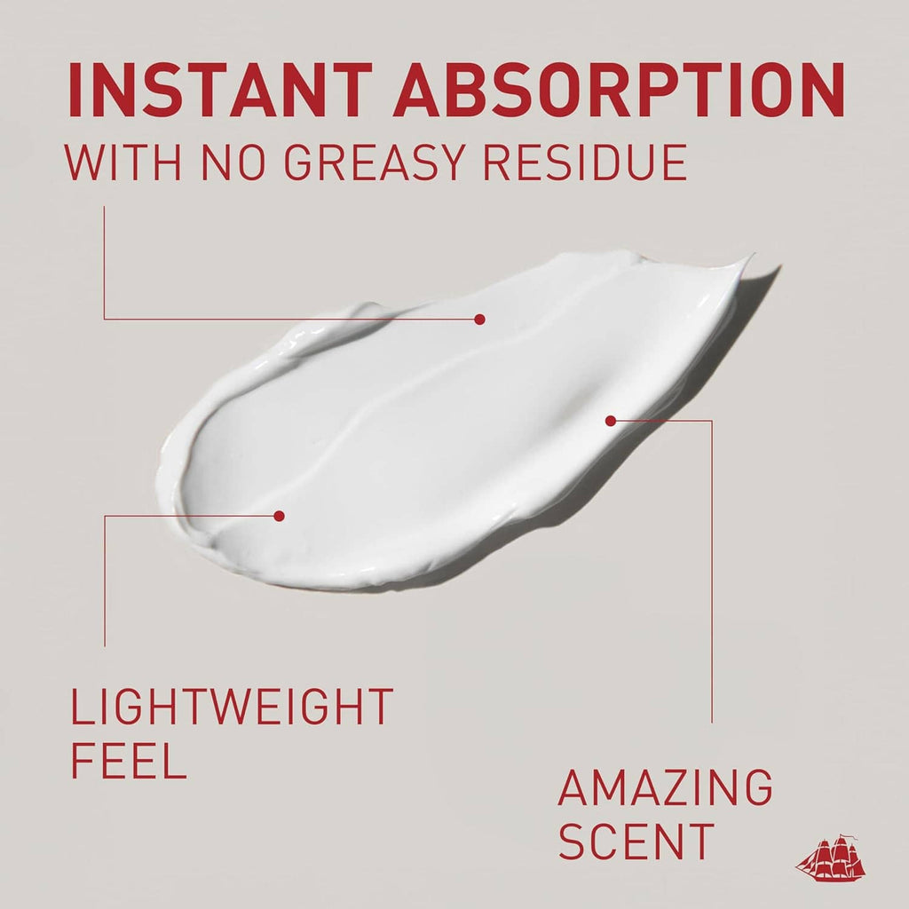 Creamy white lotion smear with lightweight feel and amazing scent callouts