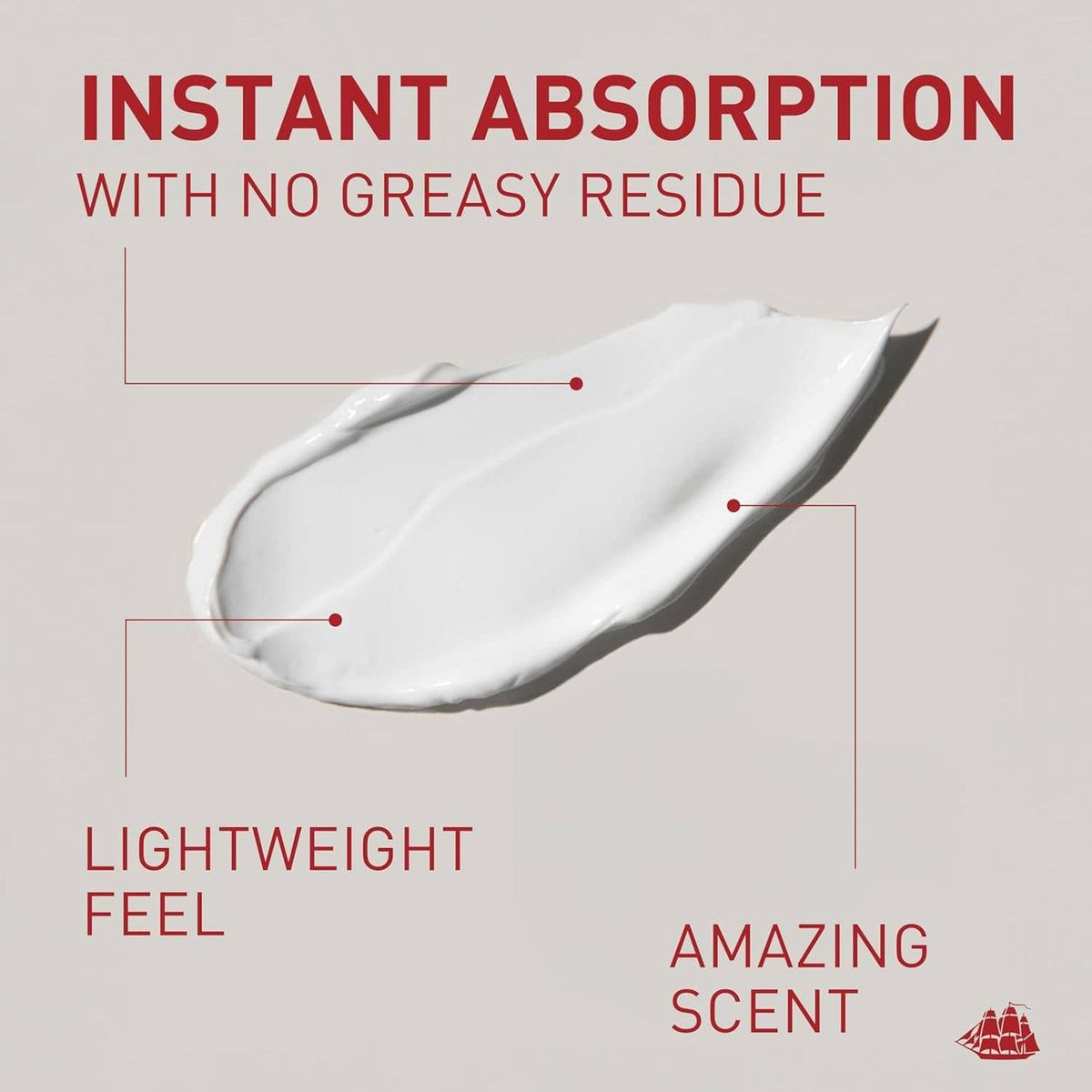 Creamy white lotion smear with lightweight feel and amazing scent callouts