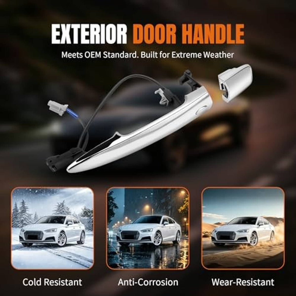 Chrome exterior door handle with detachable mounting parts and wiring harness