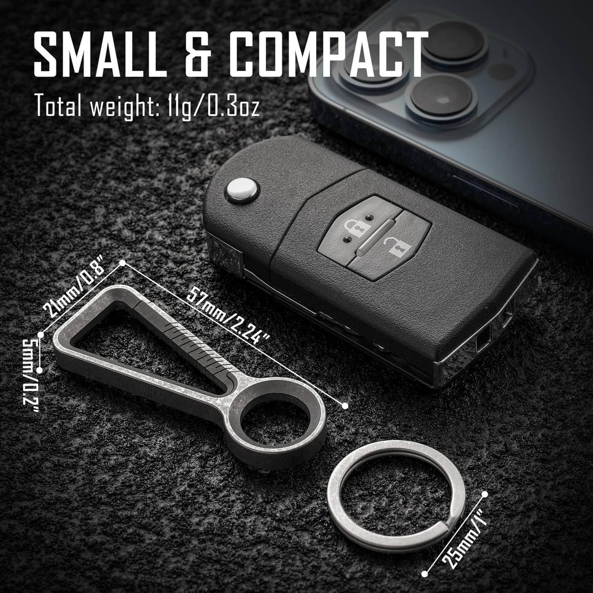 Compact titanium carabiner keychain clip with key ring and attachment hardware