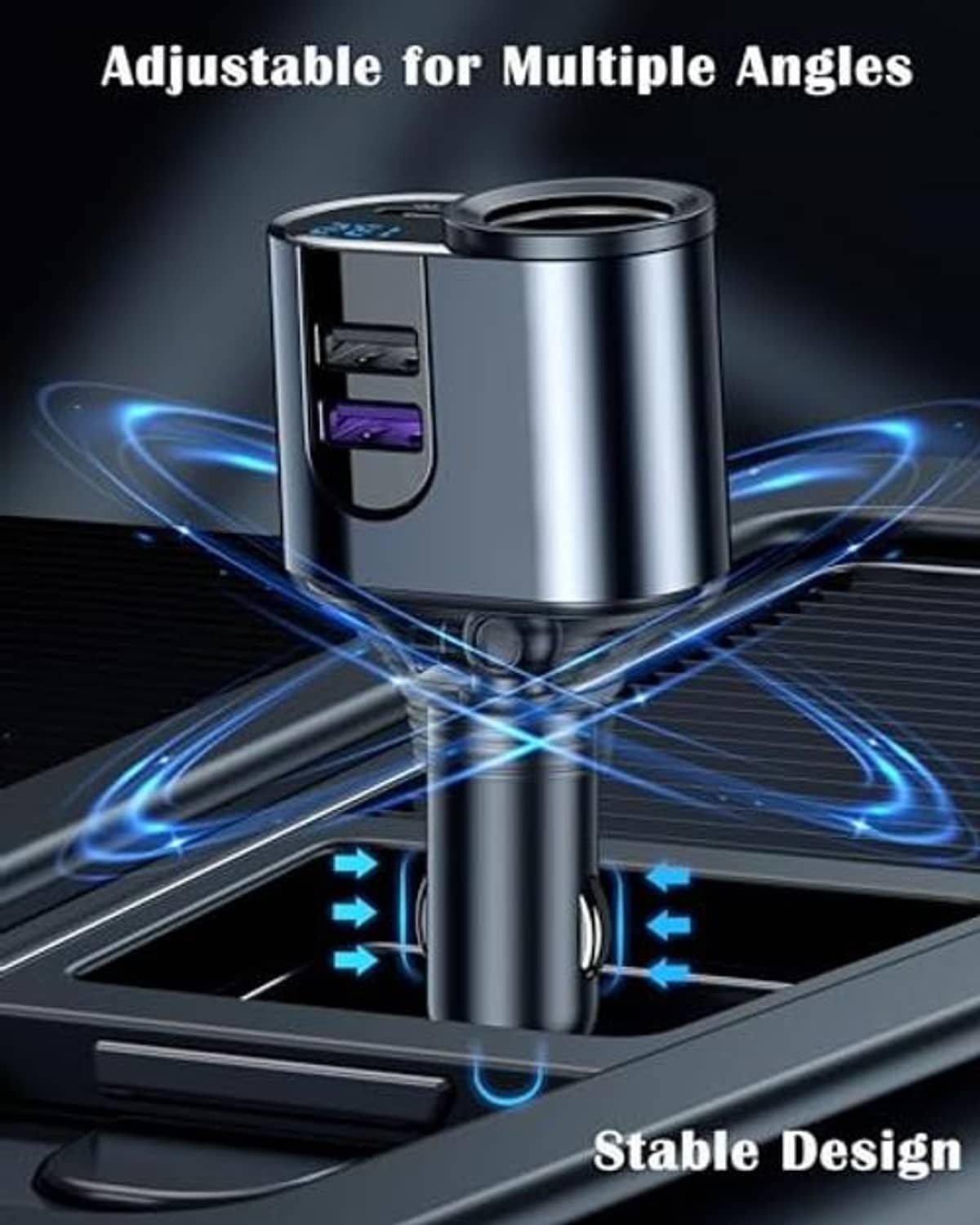 Adjustable silver car USB charger splitter with blue LED glow, stable base, 3 ports