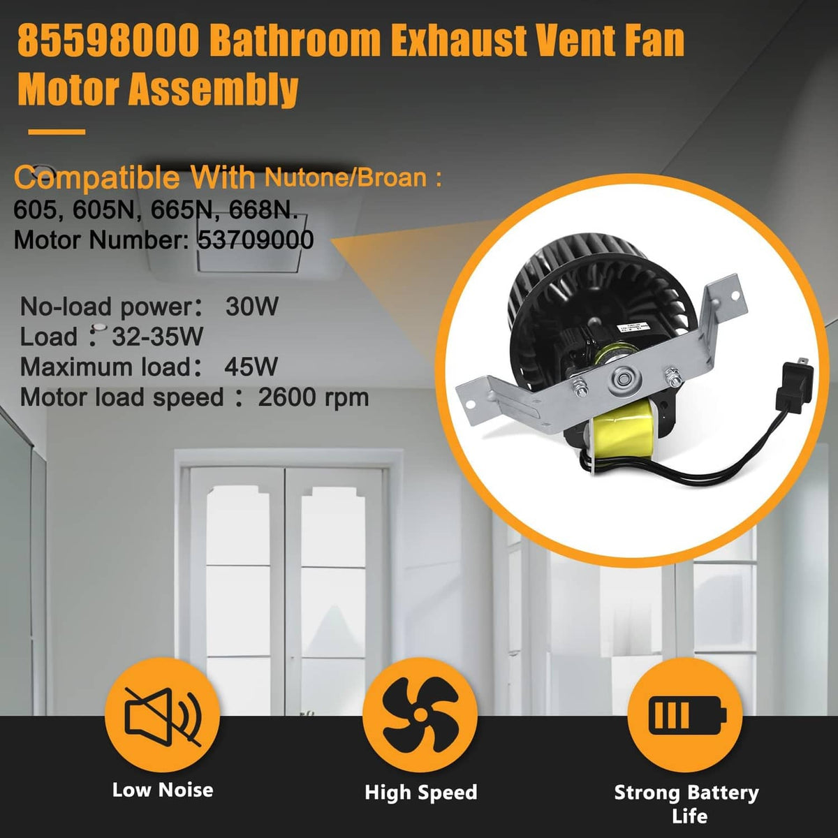Bathroom exhaust vent fan motor assembly with black motor housing and two mounting arms