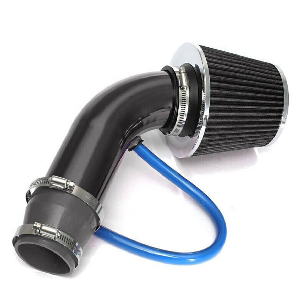 Universal cold air intake kit with black cone air filter, black elbow tube, blue hose