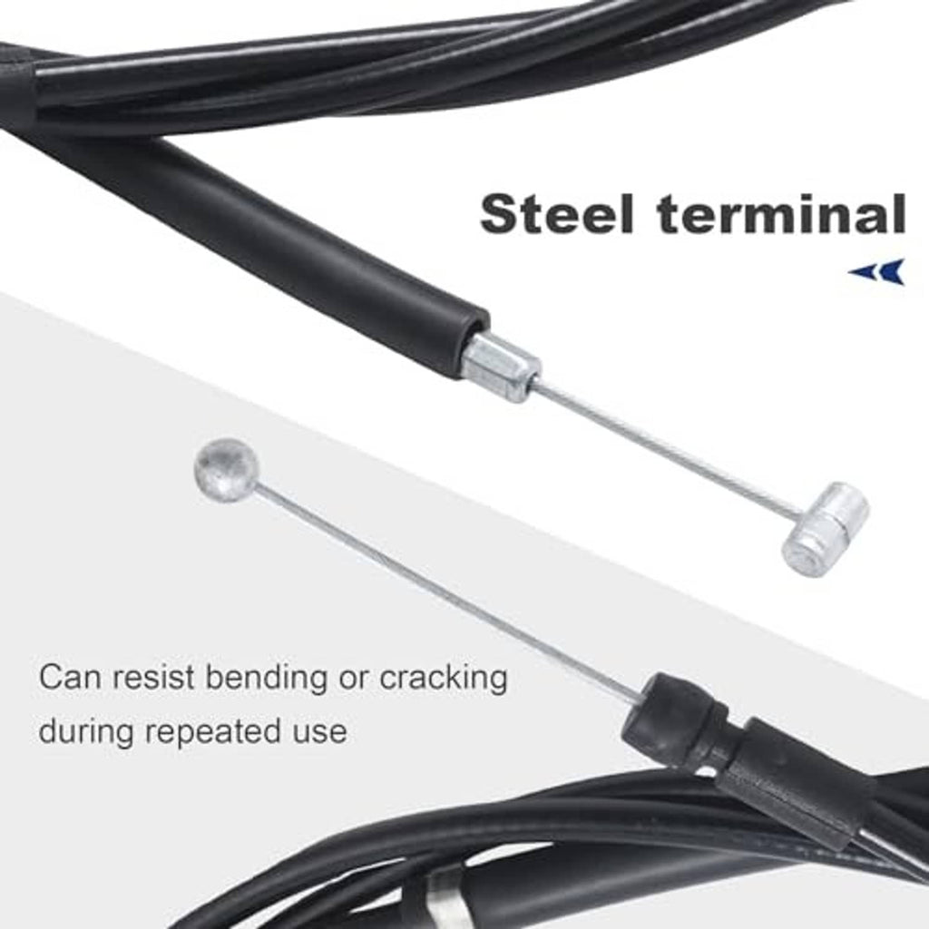 Black hood release cable close-up with steel terminal and silver rod end