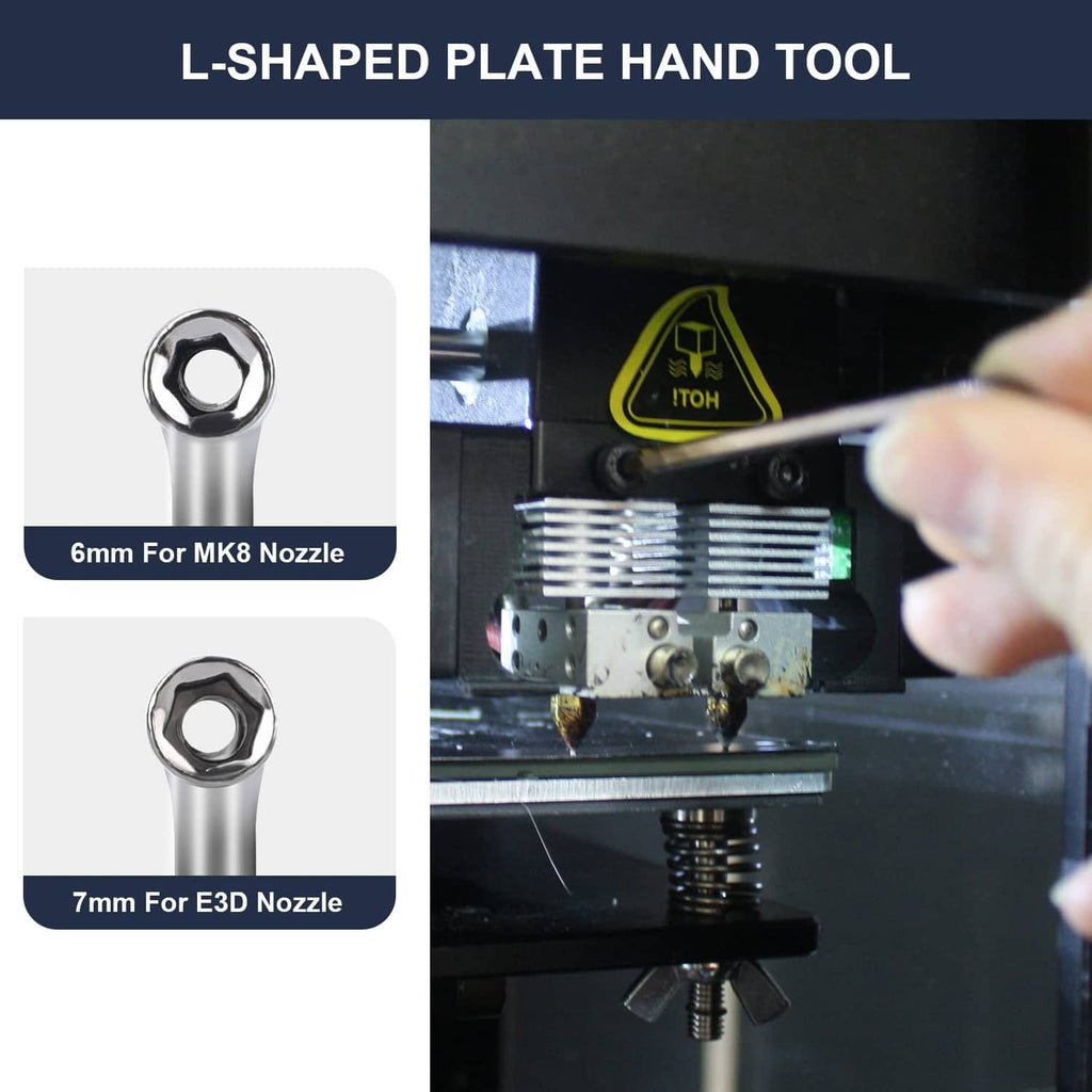 L-shaped hand tool with socket heads for 6mm and 7mm MK8/E3D nozzles