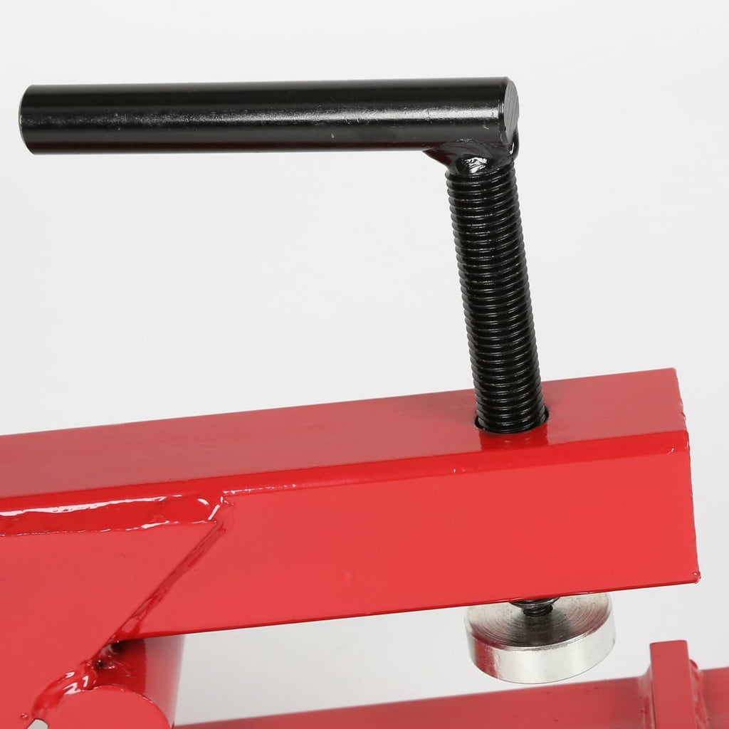 Red 2-inch ball mount receiver clamp detail with black handle rod and threaded post