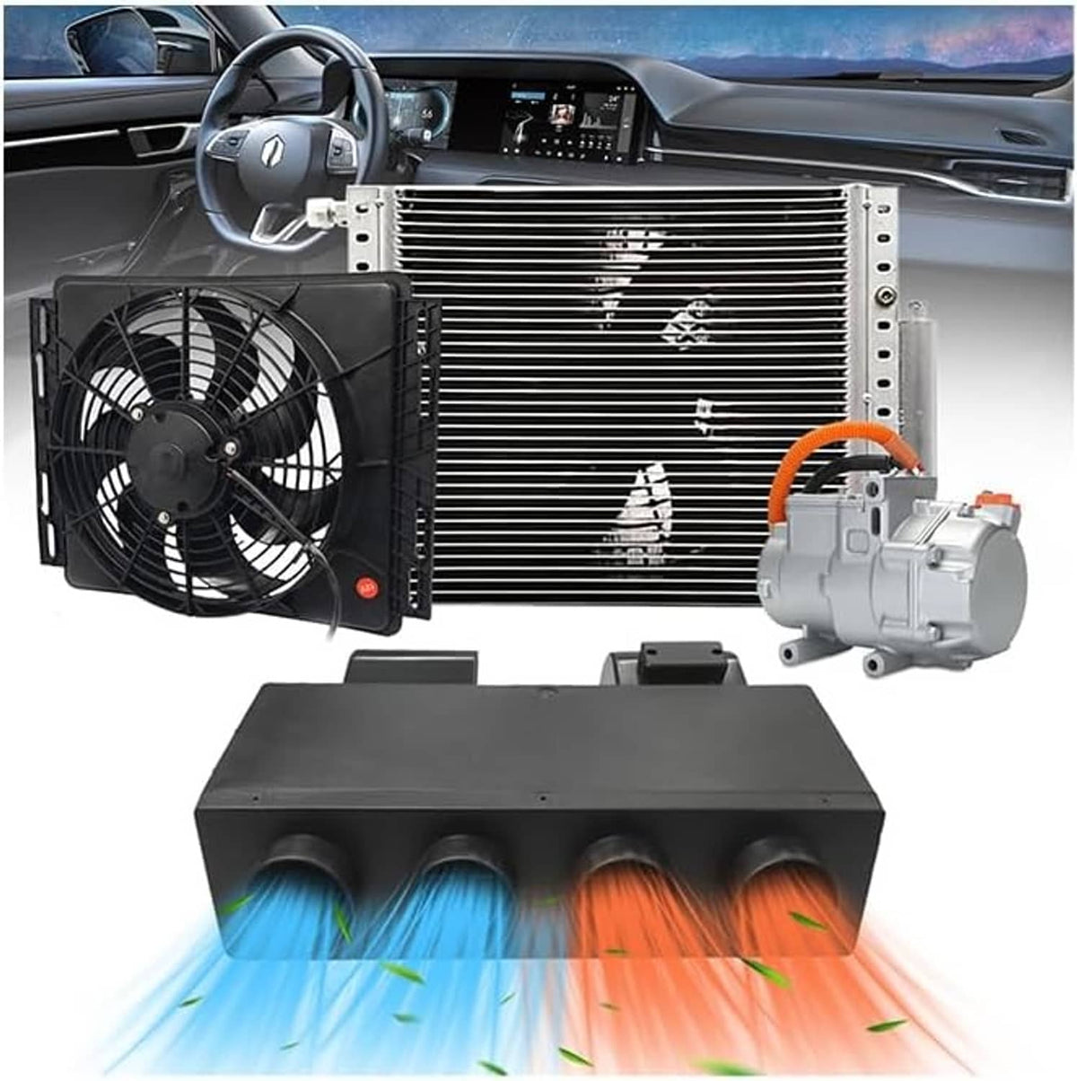 12V underdash car A/C and heater unit with fan, condenser, and compressor