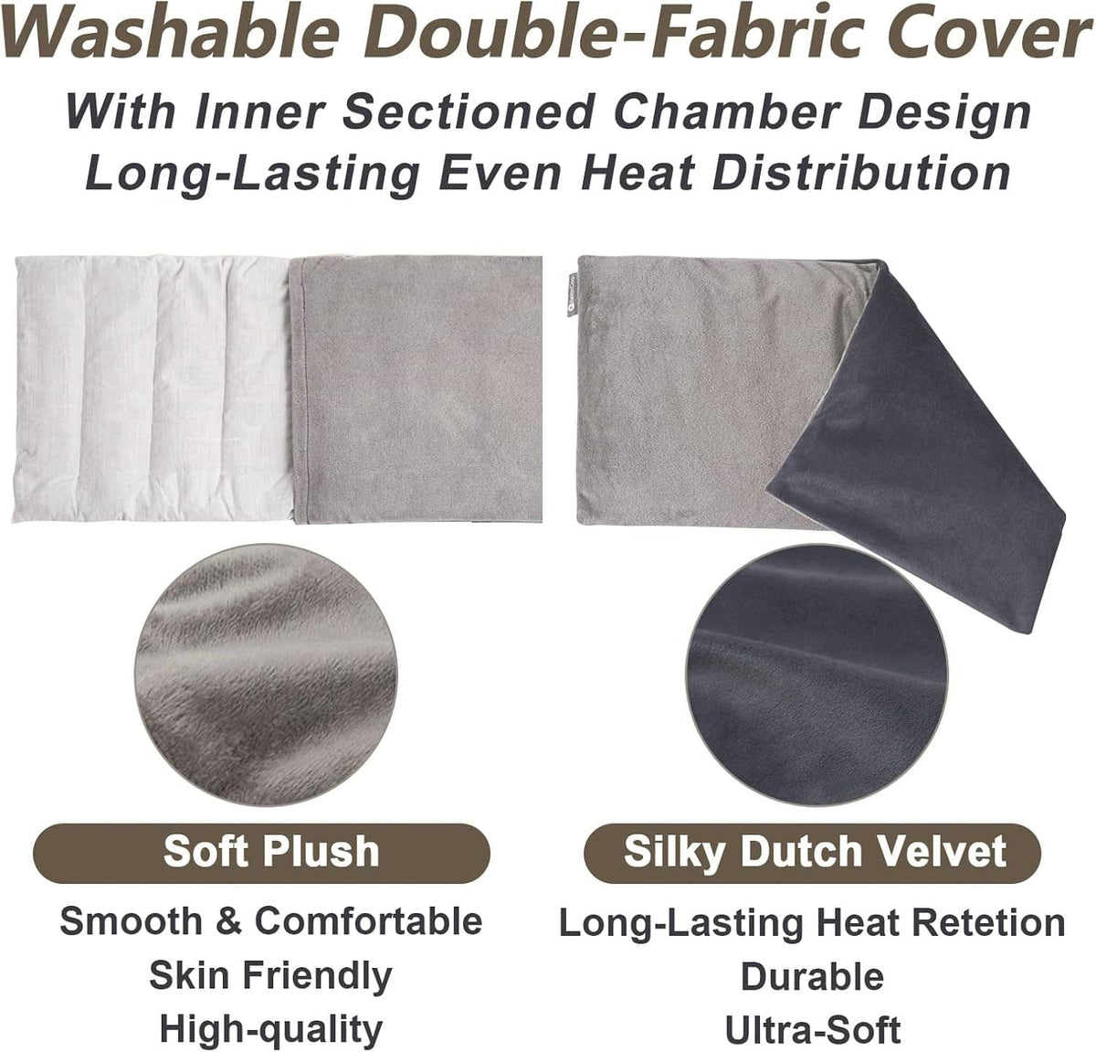 Washable double-fabric heating pad cover with inner sectioned chamber design