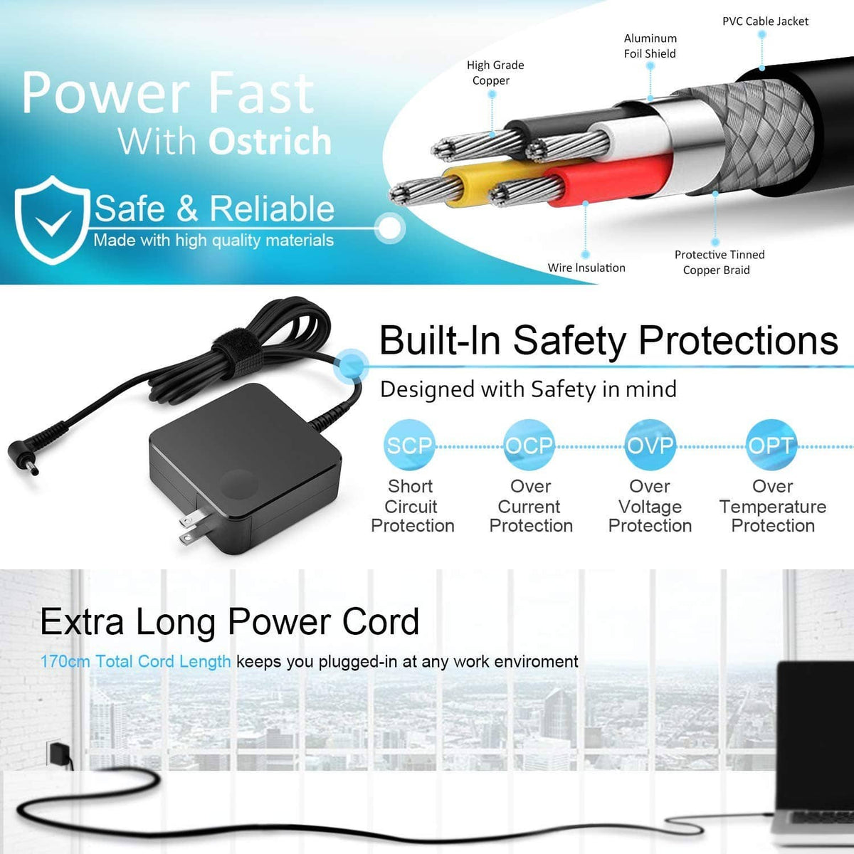 Black AC power adapter with power cable and round DC connector