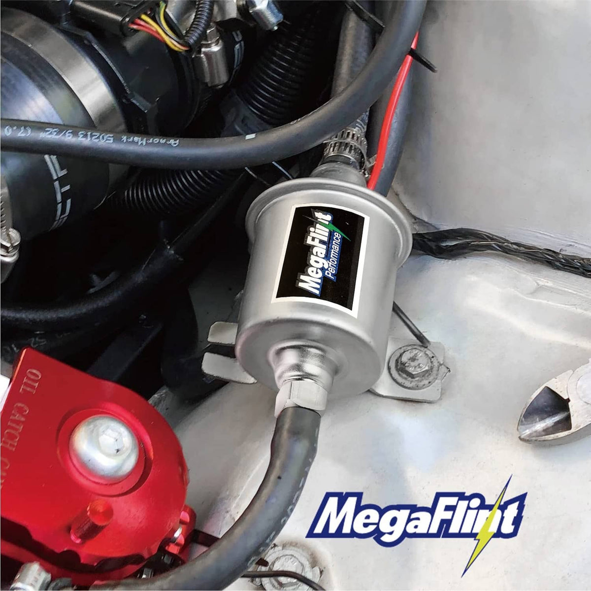 Electric inline fuel pump mounted under hood with fuel and wiring connections