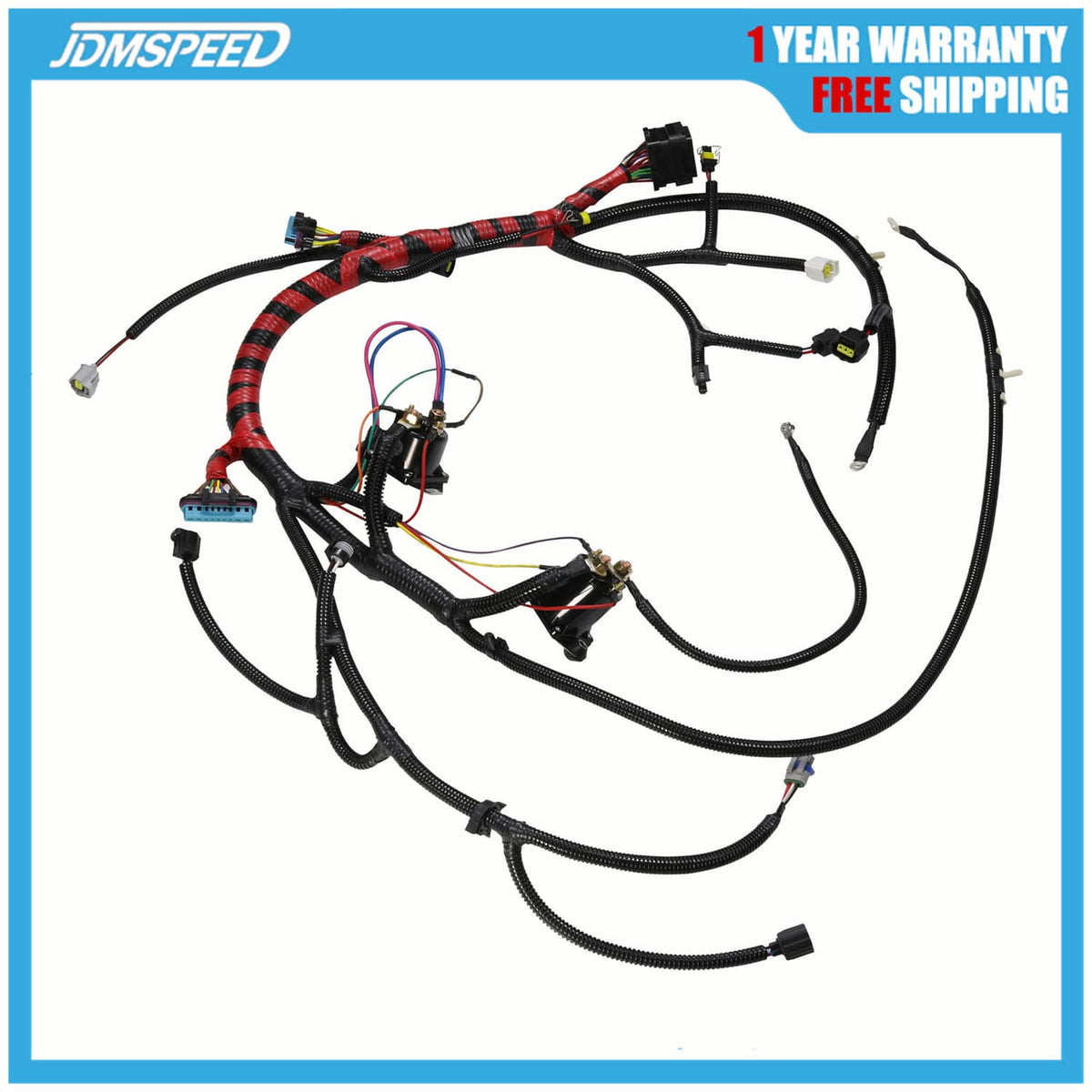 Engine wiring harness kit with black wiring and red heat-wrapped sections, multiple connectors