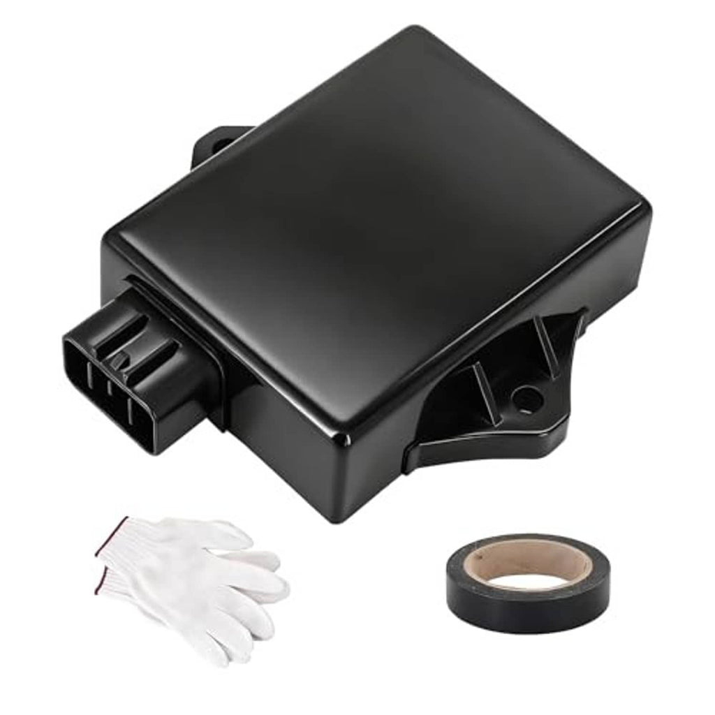 Black ignition CDI module box with connector, white gloves, and sealing tape
