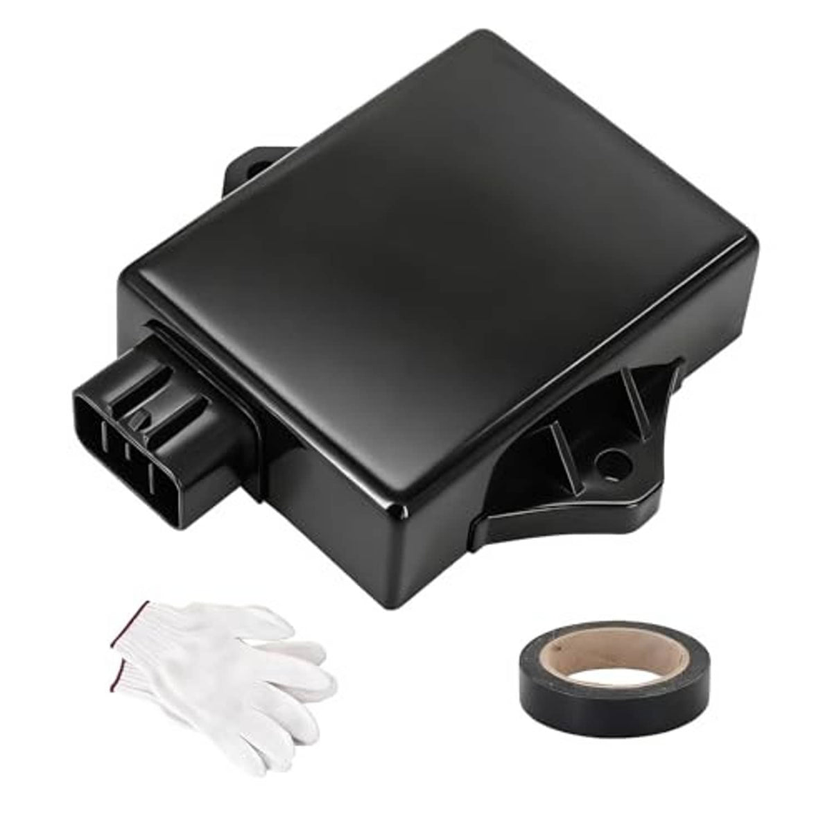 Black ignition CDI module box with connector, white gloves, and sealing tape