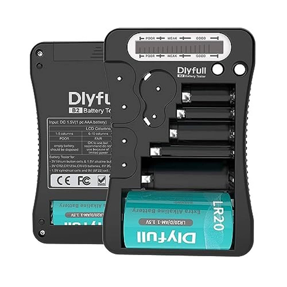 Battery tester with front LCD display and open compartments for inserting batteries