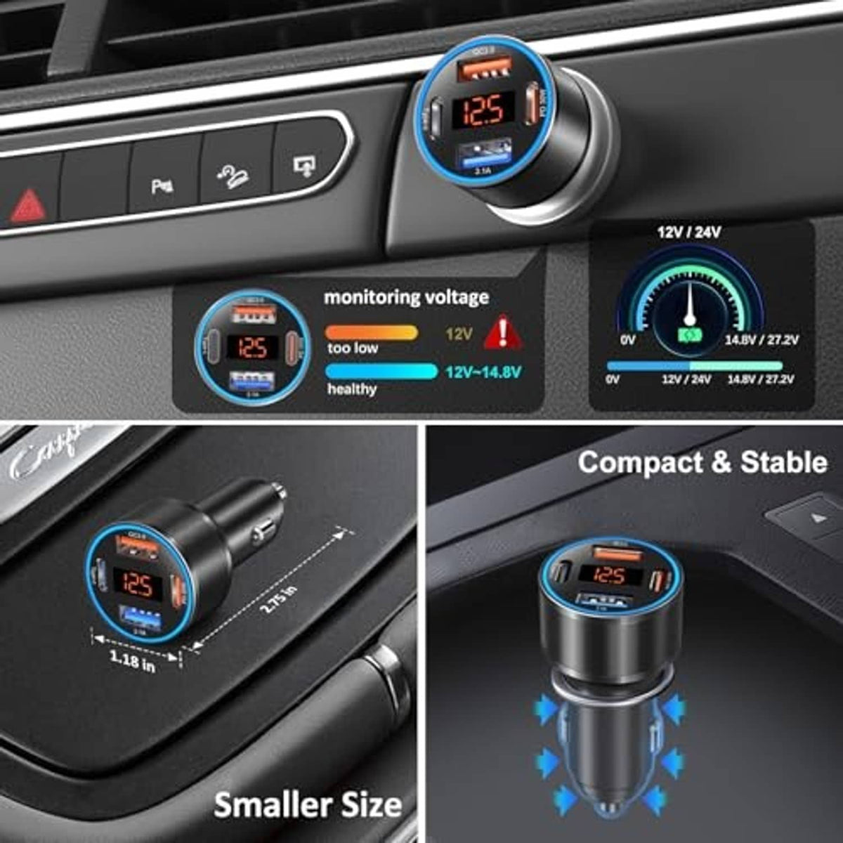 Small car USB charger with LED voltage meter and blue-ring ports for compact fit