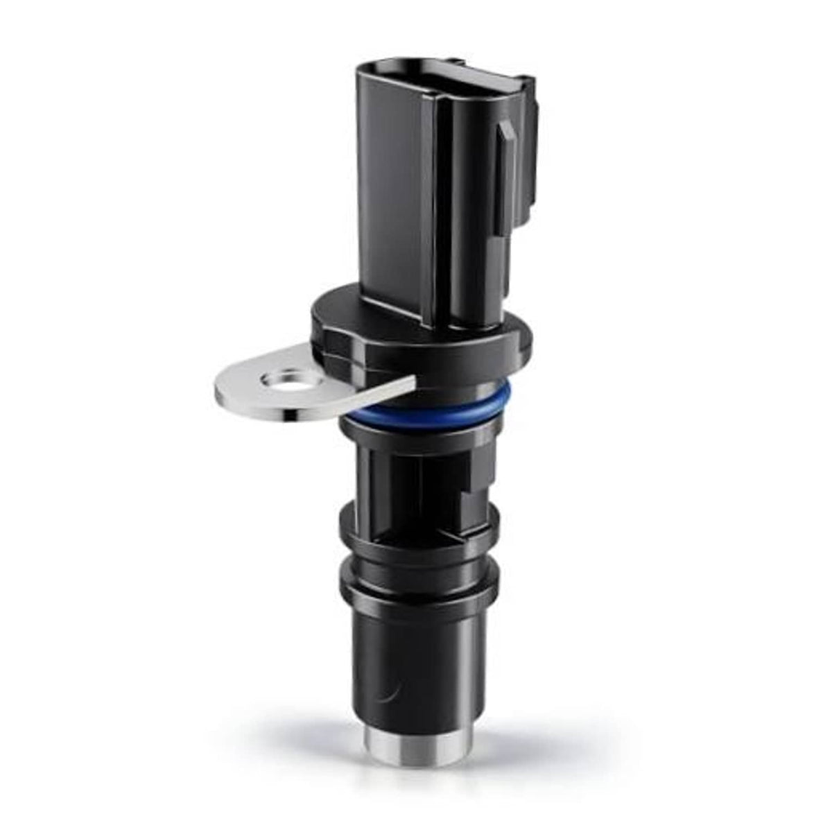 Black camshaft position sensor with mounting flange and 3-pin electrical connector