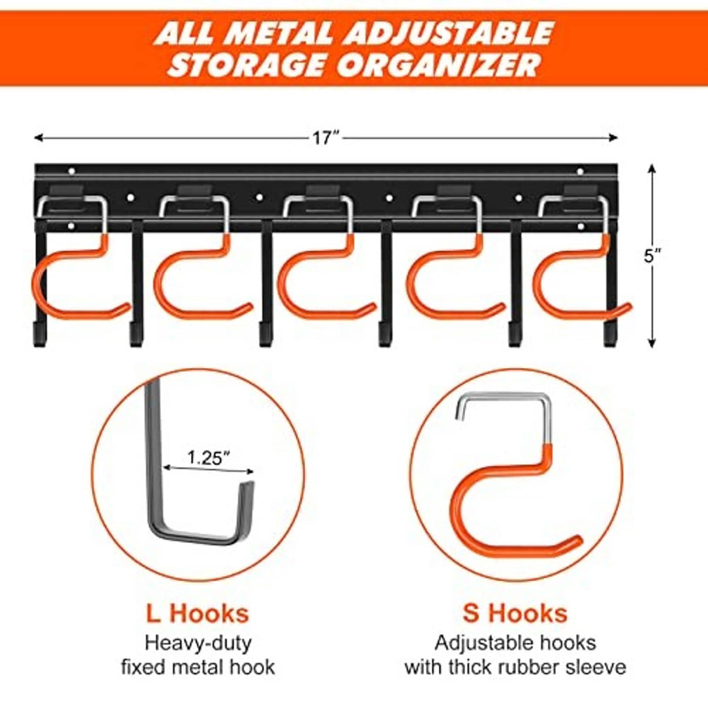 Black adjustable metal storage organizer with orange L hooks and S hooks illustrations