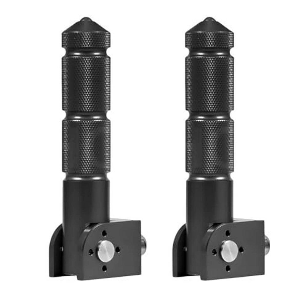 Two foldable foot pegs with knurled black grips and black mounting bases