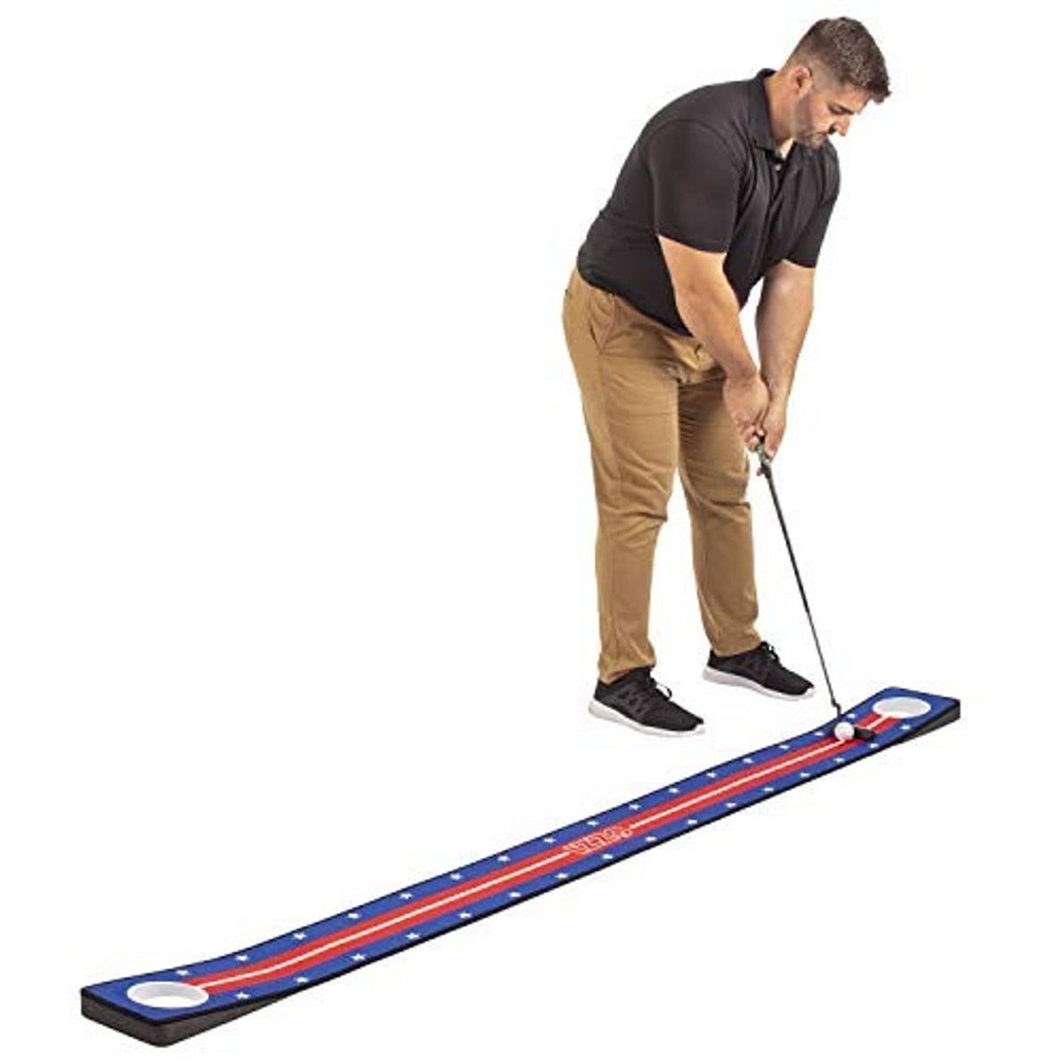 Golf putting mat used for putting; blue felt with red/white stripes and round cup targets.