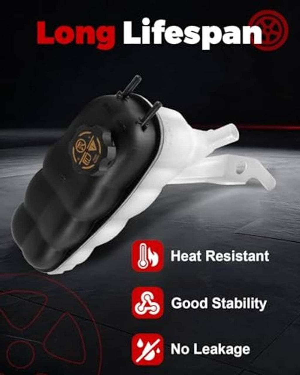 Coolant reservoir tank with black cap, white reservoir and coolant outlet