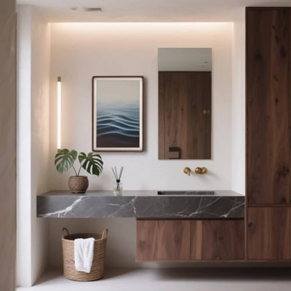 Walnut picture frame hanging on wall, with small landscape print inside