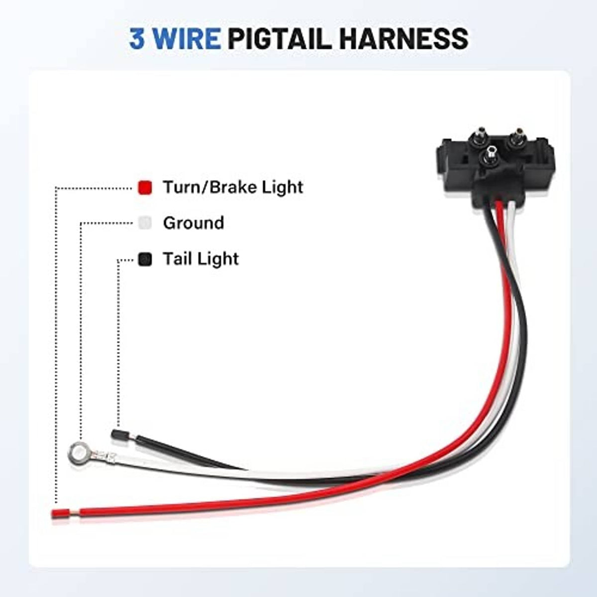 3-wire pigtail harness with ring ground terminal and black plug housing