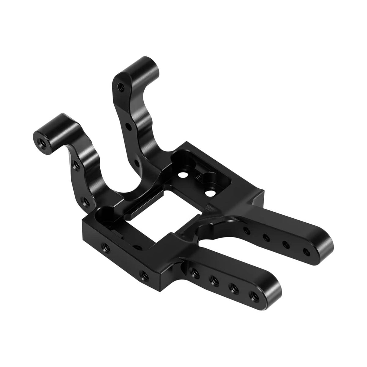 INJORA black-coated brass skid plate bracket, angled view with screw holes