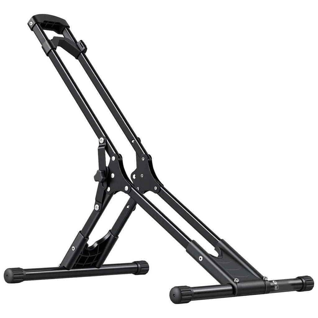 Foldable bike storage rack in black metal, freestanding frame with adjustable support arms