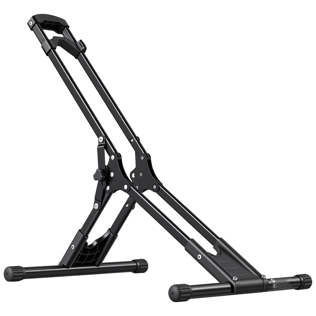 Foldable bike storage rack in black metal, freestanding frame with adjustable support arms