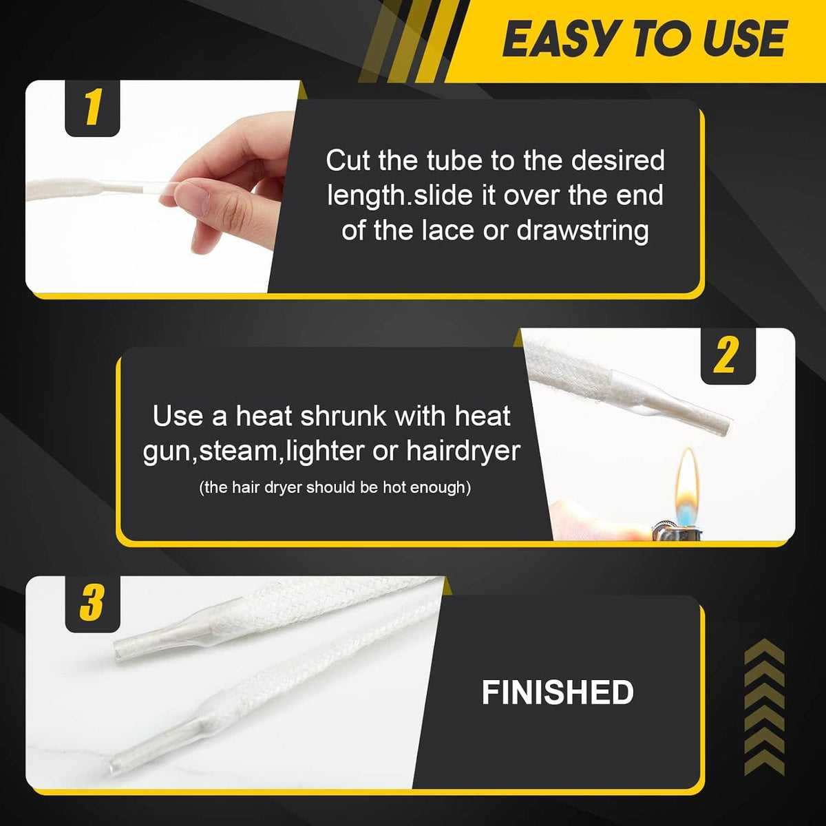 Clear heat-shrink shoelace tubing set shown in cut-and-heat sealing steps