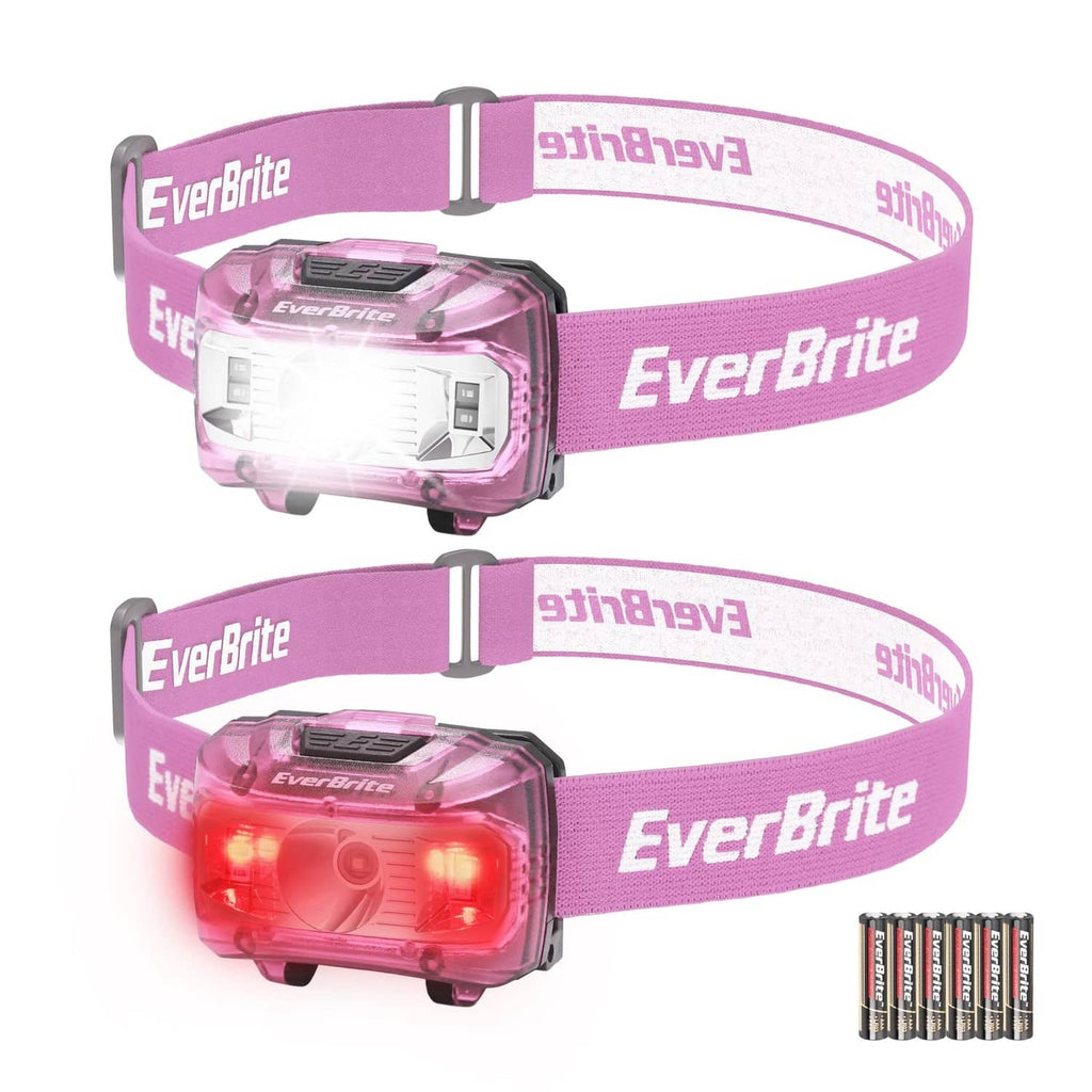 2-pack pink kids headlamps with adjustable straps, red and white front lights.