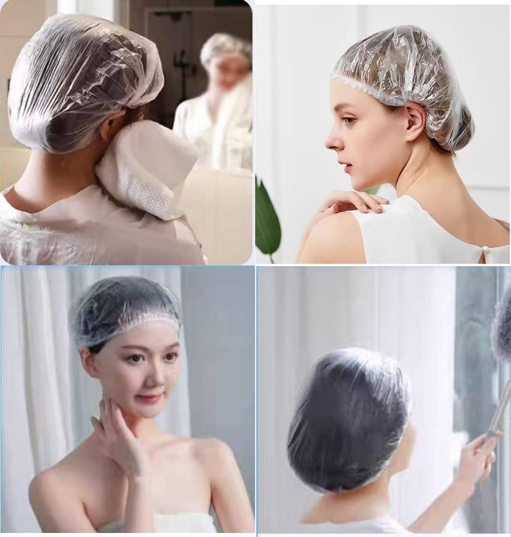 Disposable shower cap worn and adjusted, covering the back and sides of hair