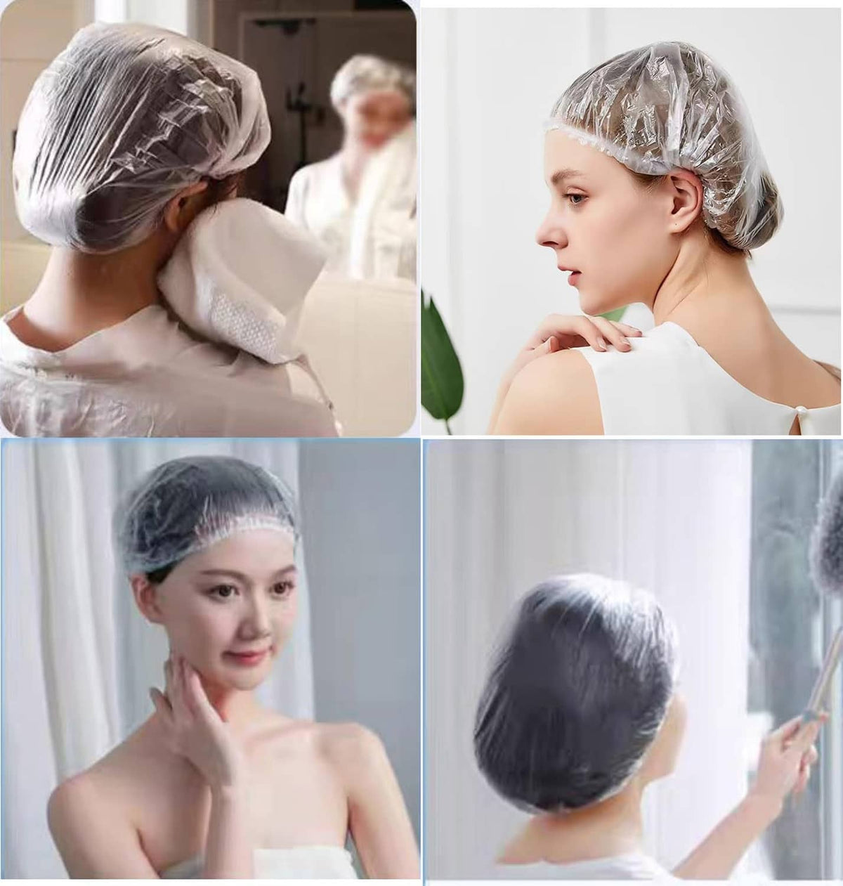Disposable shower cap worn and adjusted, covering the back and sides of hair