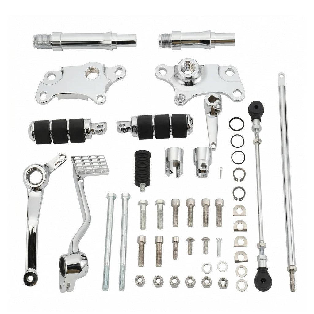 Motorcycle forward control pegs and levers linkage kit with chrome rods, black rubber and hardware